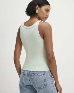 Green Cotton Blend Sleeveless Ribbed Cami Top