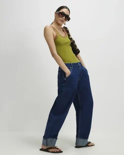 Green Cotton Blend Whipstitch Tank Top