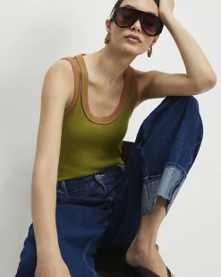 Green Cotton Blend Whipstitch Tank Top