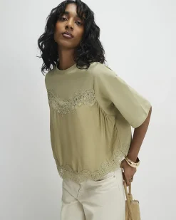 Green Cotton Short Sleeve Lace Detail T-shirt