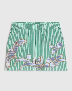 Green Cotton Striped Toucan Beaded Shorts
