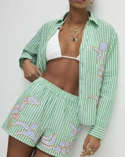 Green Cotton Striped Toucan Beaded Shorts
