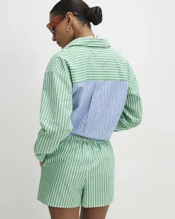 Green Cotton Striped Toucan Beaded Shorts