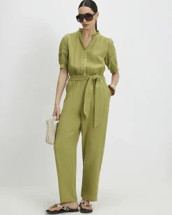 Green Cotton Textured Jumpsuit