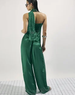 Green Embellished Wide Leg Trousers