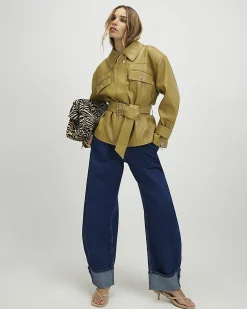 Green Faux Leather Belted Jacket