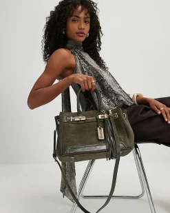 Green Faux Suede Lock Front Tote Bag