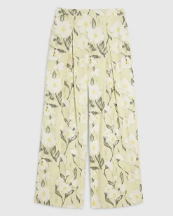 Green Floral Linen Blend Wide Leg Trousers
