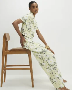 Green Floral Linen Blend Wide Leg Trousers