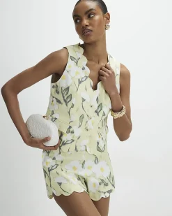 Green Floral Linen Blend Waistcoat