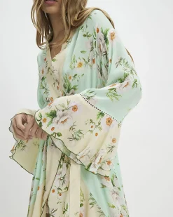 Green Floral Print Waterfall Hem Robe