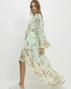Green Floral Print Waterfall Hem Robe