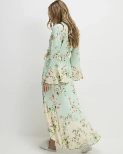 Green Floral Print Waterfall Hem Robe