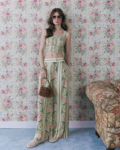 Green Floral Ruffle Trim Corset Top