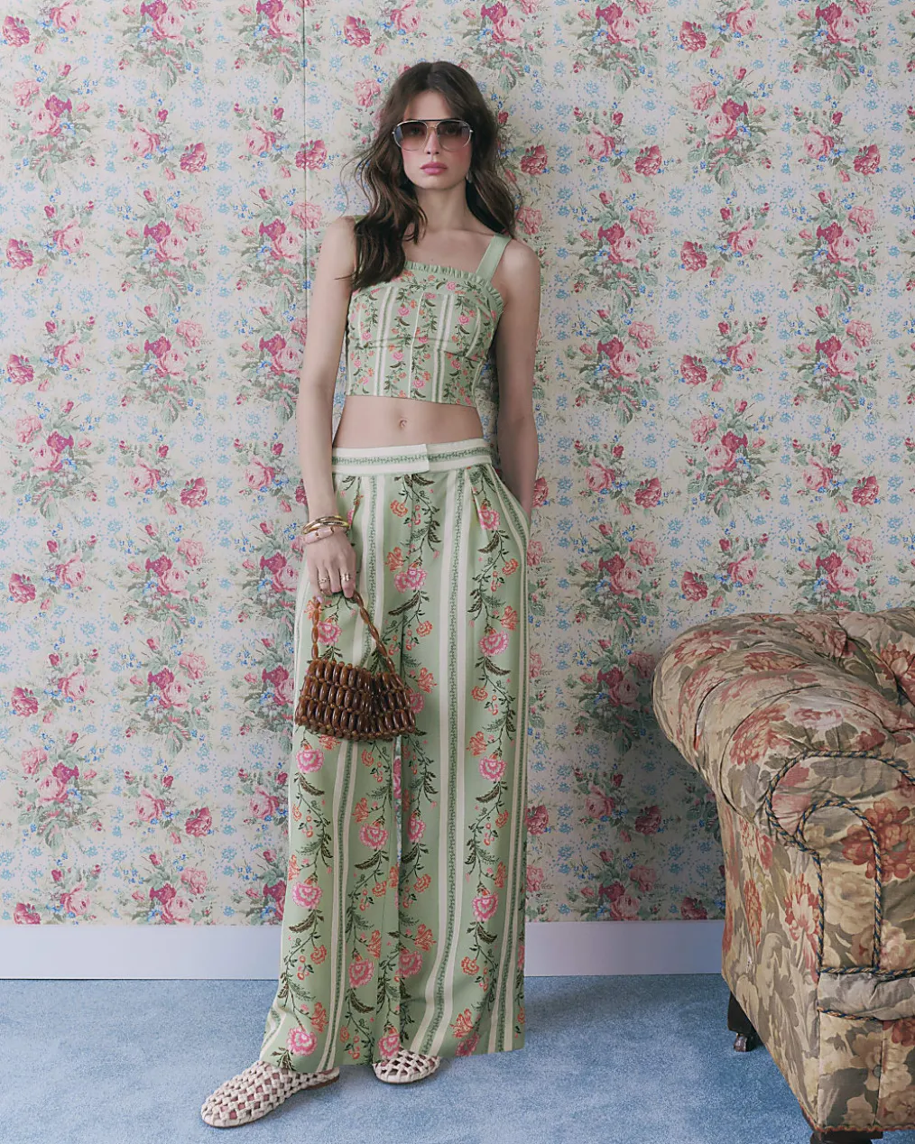 Green Floral Ruffle Trim Corset Top