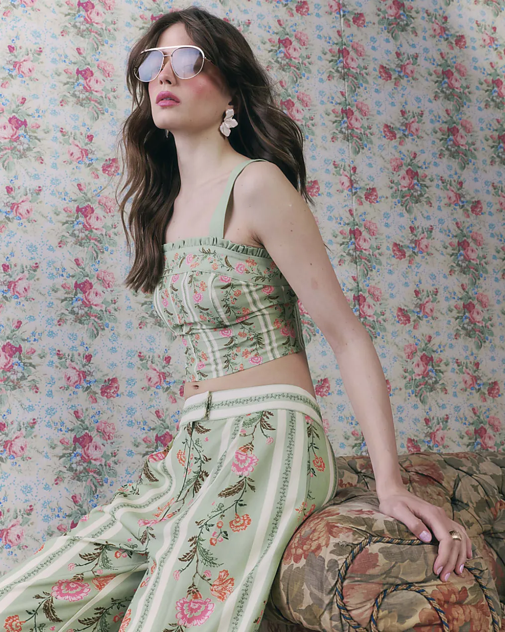 Green Floral Ruffle Trim Corset Top