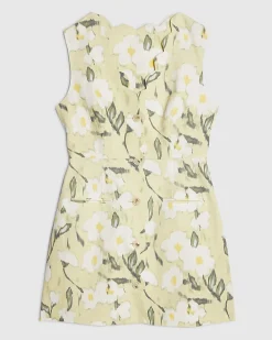 Green Floral Scalloped Linen Blend Mini Dress