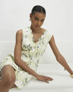 Green Floral Scalloped Linen Blend Mini Dress