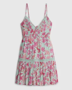 Green Floral Shirred Mini Dress