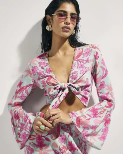 Green Floral Tie Front Floaty Beach Top