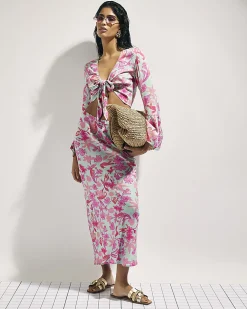Green Floral Tie Front Floaty Beach Top