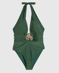 Green Hardware Plunge Swimsuit