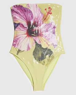 Green Hibiscus Floral Print Sequin Swimsuit
