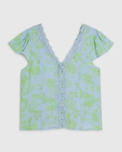 Green Lace Trim Floral Printed Blouse