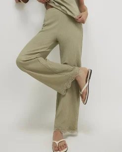 Green Lace Trim Textured Wide Leg Trousers