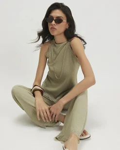 Green Lace Trim Textured Wide Leg Trousers