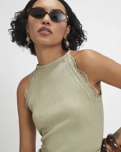 Green Lace Trim Textured Midi Dress