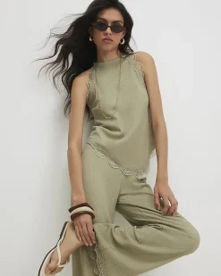 Green Lace Trim Textured Halter Neck Top