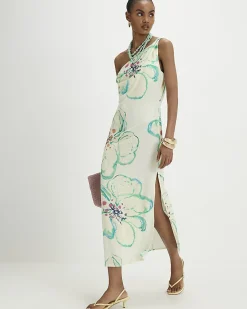 Green Linen Blend Asymmetric Midi Dress