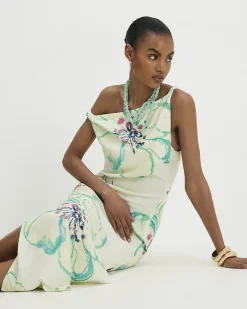 Green Linen Blend Asymmetric Midi Dress