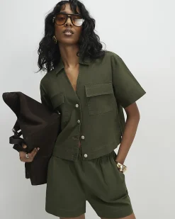 Green Linen Blend Boxy Shirt