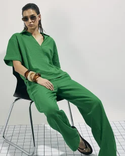 Green Linen Blend Drawstring Tapered Trousers