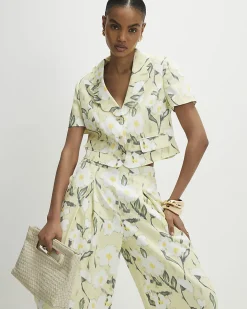 Green Linen Blend Floral Scallop Trim Jacket