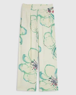 Green Linen Blend Printed Wide Leg Trousers