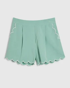 Green Linen Blend Scallop Trim Shorts