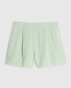 Green Linen Blend Scallop Trim Shorts