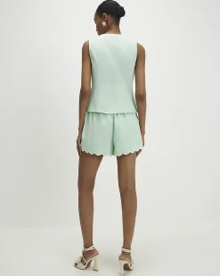 Green Linen Blend Scallop Trim Shorts