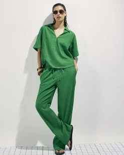 Green Linen Blend Short Sleeve Shirt