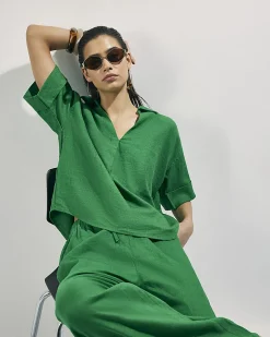 Green Linen Blend Short Sleeve Shirt