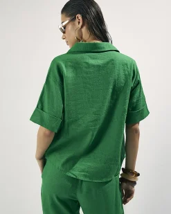 Green Linen Blend Short Sleeve Shirt