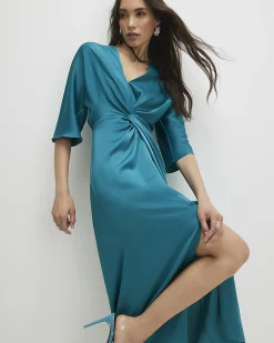 Green Long Sleeve Twist Front Midi Dress