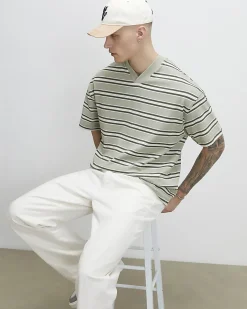 Green Oversized Cotton Blend Stripe T-Shirt