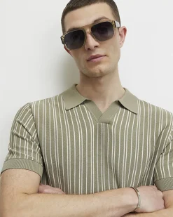 Green Pinstripe Open Collar Knit Shirt