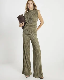Green Plisse Wide Leg Trousers
