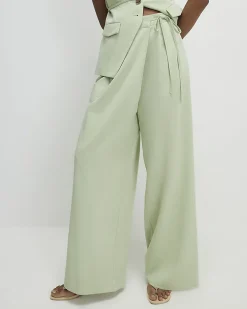 Green Premium Wrap Detail Wide Leg Trousers
