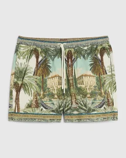 Green Short Length Palm Print Swim Shorts